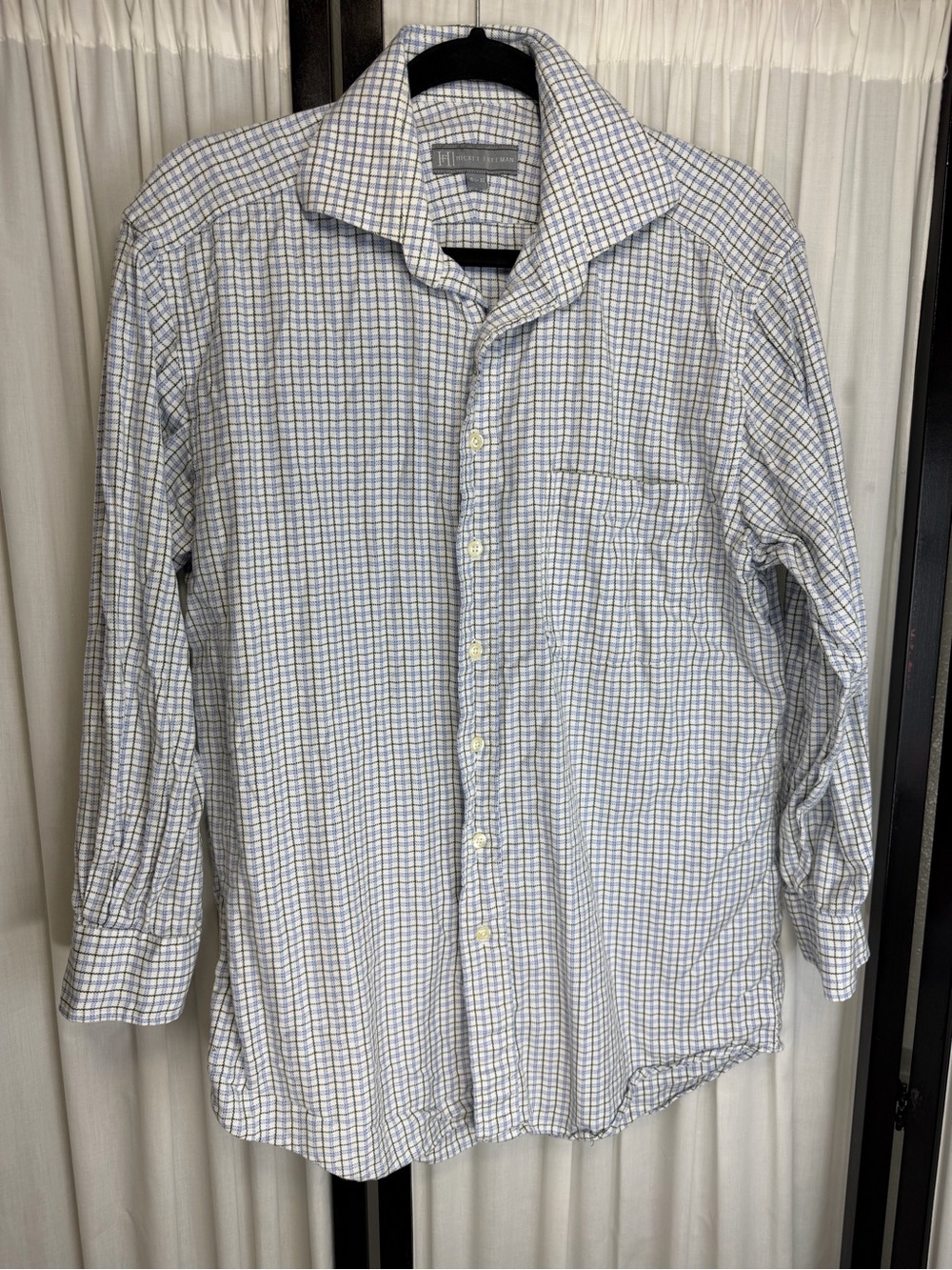 Hickey Freeman Men’s Blue and White Checked 100% Cotton Dress Shirt